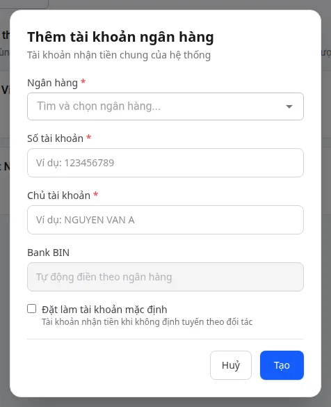 Tài khoản nhận tiền